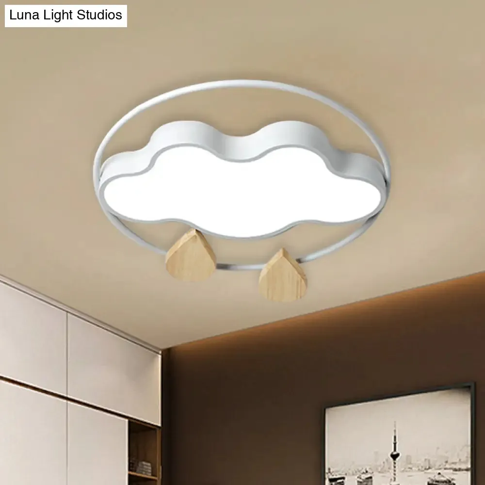 Modern Cloud Bedroom Ceiling Light with Acrylic LED, Wood Raindrop Design (Grey/White/Green)