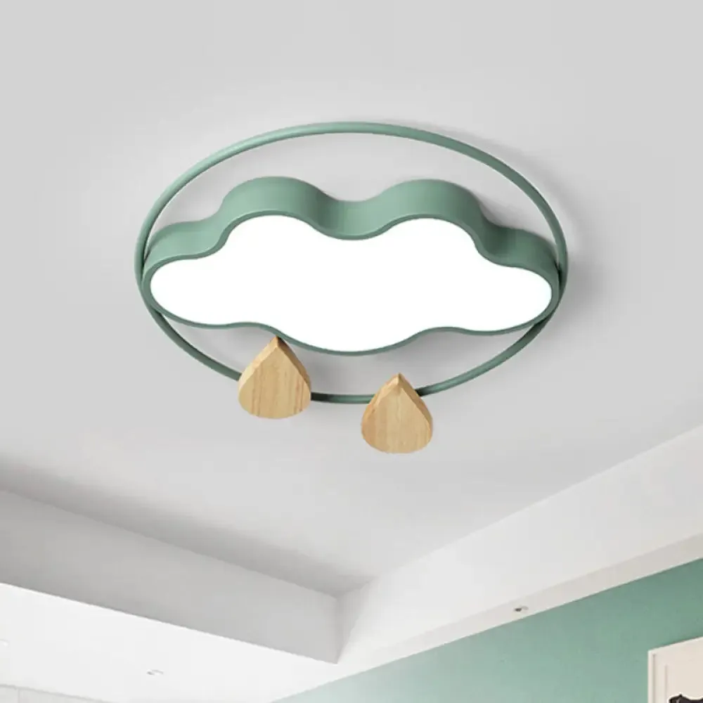 Modern Cloud Bedroom Ceiling Light with Acrylic LED, Wood Raindrop Design (Grey/White/Green)