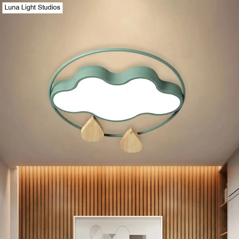 Modern Cloud Bedroom Ceiling Light with Acrylic LED, Wood Raindrop Design (Grey/White/Green)