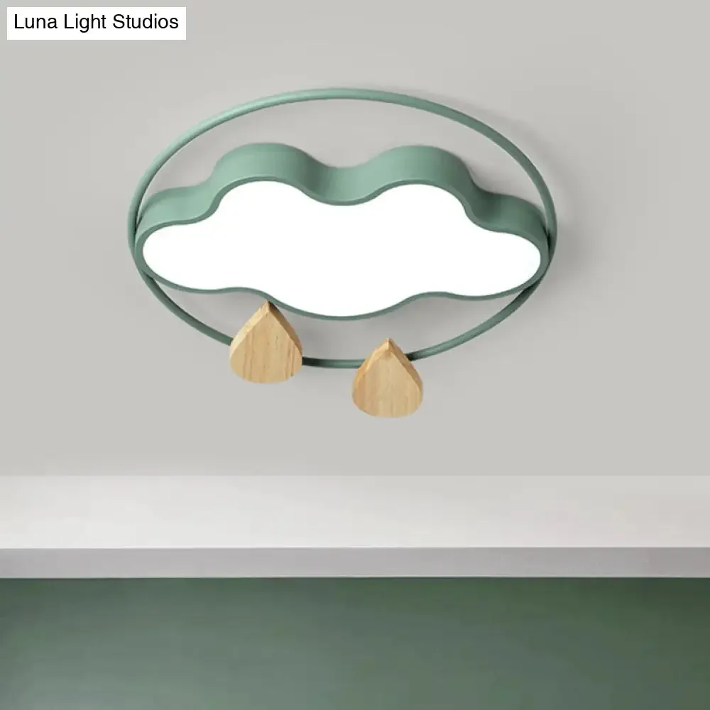 Modern Cloud Bedroom Ceiling Light with Acrylic LED, Wood Raindrop Design (Grey/White/Green)