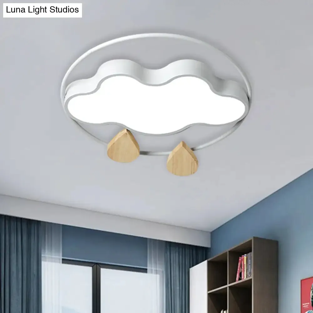 Modern Cloud Bedroom Ceiling Light with Acrylic LED, Wood Raindrop Design (Grey/White/Green)