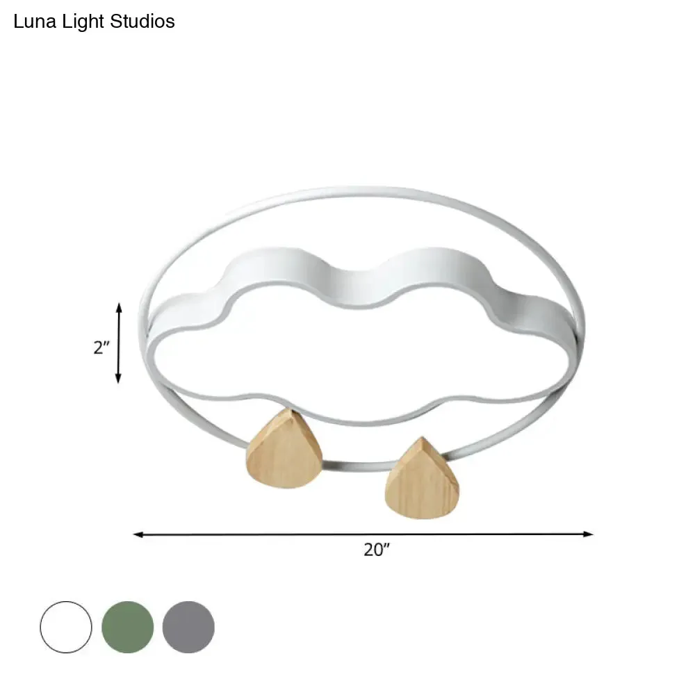 Modern Cloud Bedroom Ceiling Light with Acrylic LED, Wood Raindrop Design (Grey/White/Green)