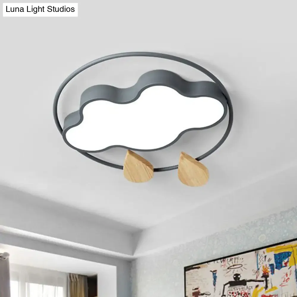 Modern Cloud Bedroom Ceiling Light with Acrylic LED, Wood Raindrop Design (Grey/White/Green)