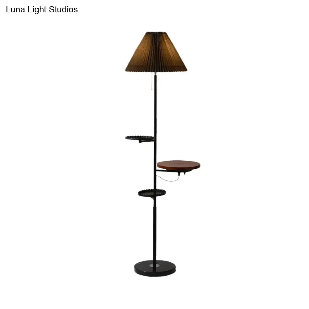 Modern Cone Stand Up Lamp: 1-Bulb Floor Reading Light with Wood Shelves in Black