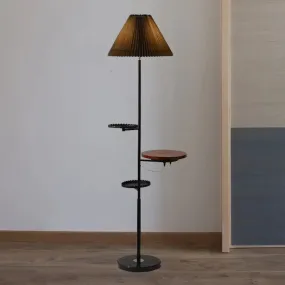 Modern Cone Stand Up Lamp: 1-Bulb Floor Reading Light with Wood Shelves in Black