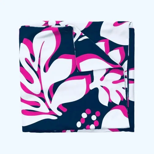 Navy Blue, Surfer Girl Pink and White Hibiscus and Hawaiian Flowers Duvet Cover - Large Scale