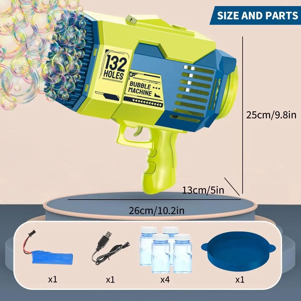 (NET) Bubble Gun 132 Holes Bubble Machine Gun Bubble Blower with Colorful Lights for Kids Adults  Summer Toys