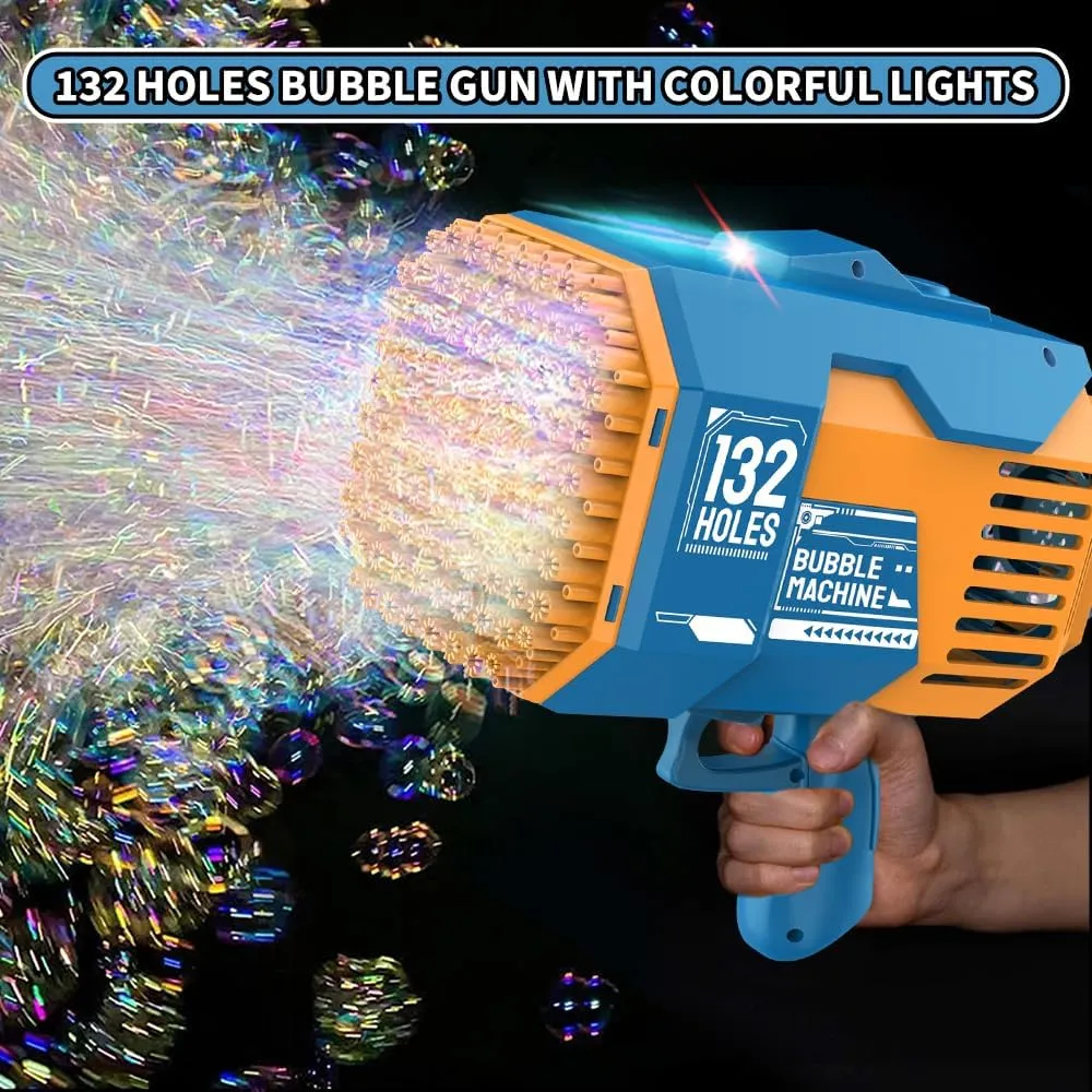 (NET) Bubble Gun 132 Holes Bubble Machine Gun Bubble Blower with Colorful Lights for Kids Adults  Summer Toys