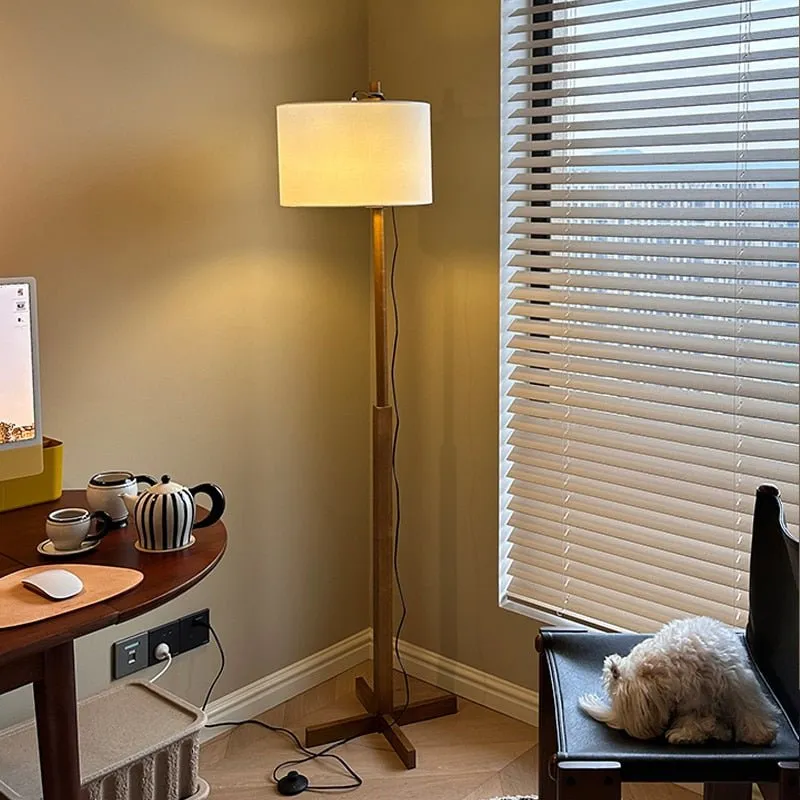 Nordic Wooden LED Floor Lamp with Wabi Sabi Fabric Shade