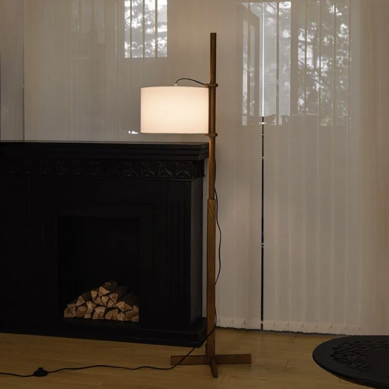 Nordic Wooden LED Floor Lamp with Wabi Sabi Fabric Shade