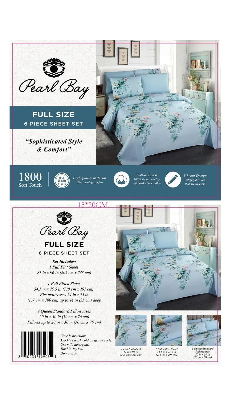 Pearl Bay 6 Piece Bed Sheet Set Light Blue with Flowers