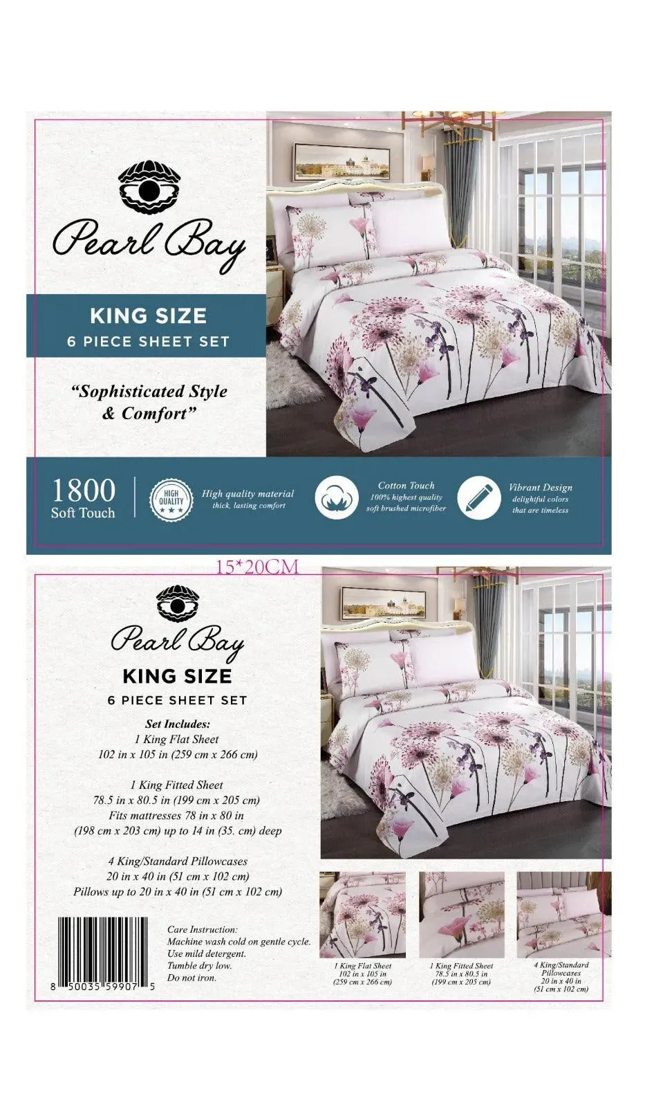 Pearl Bay 6 Piece Bed Sheet Set Light Pink With Large Flowers