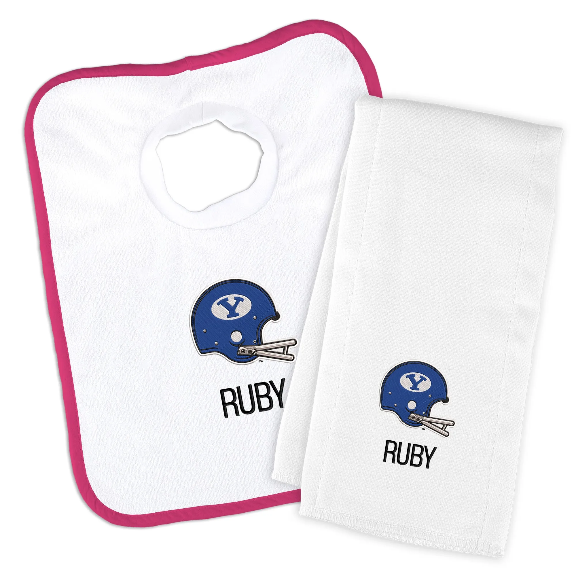 Personalized Brigham Young Cougars Helmet Bib and Burp Cloth Set