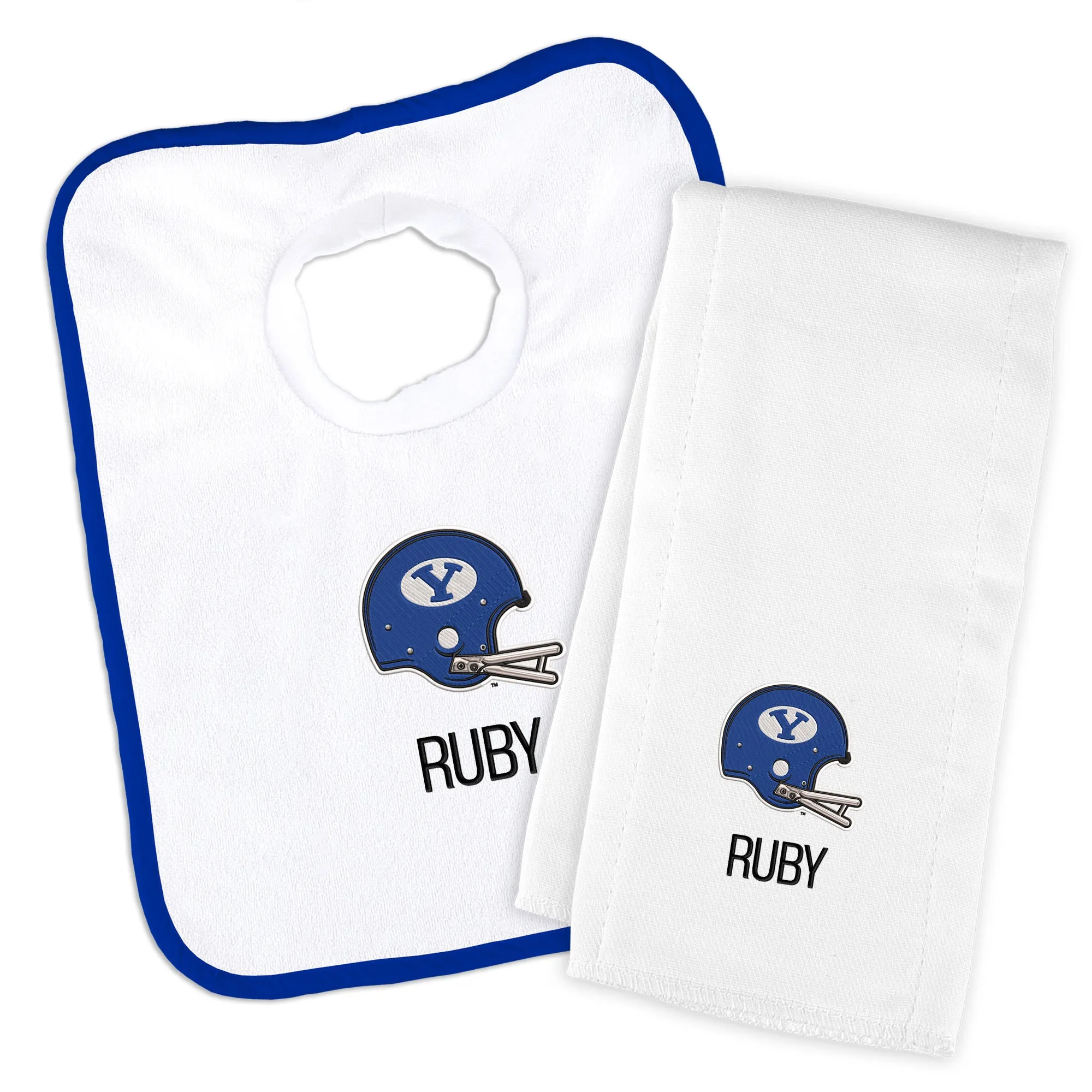 Personalized Brigham Young Cougars Helmet Bib and Burp Cloth Set