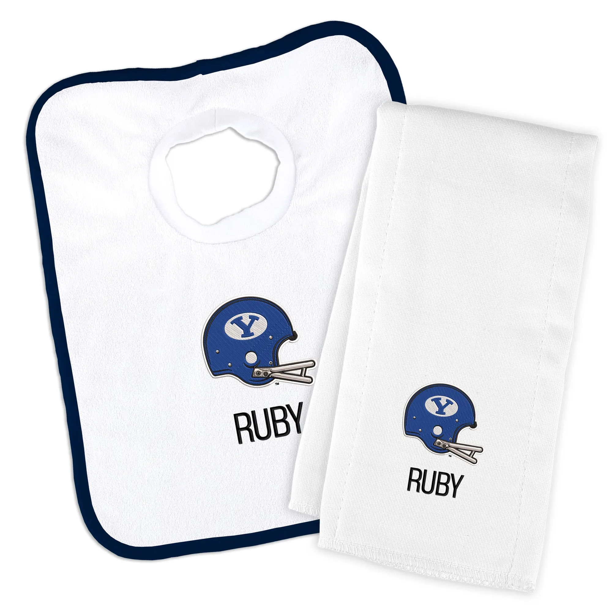 Personalized Brigham Young Cougars Helmet Bib and Burp Cloth Set