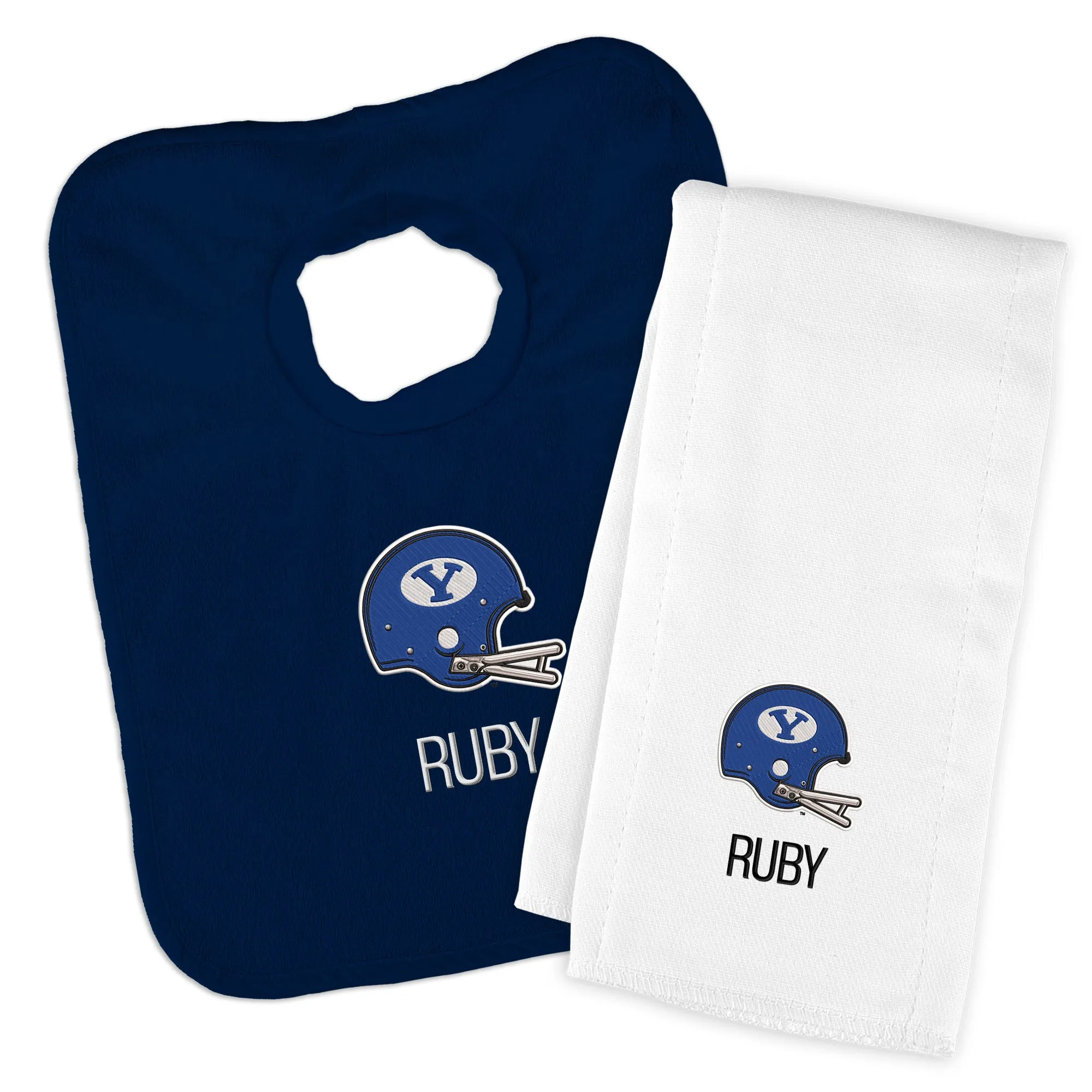 Personalized Brigham Young Cougars Helmet Bib and Burp Cloth Set