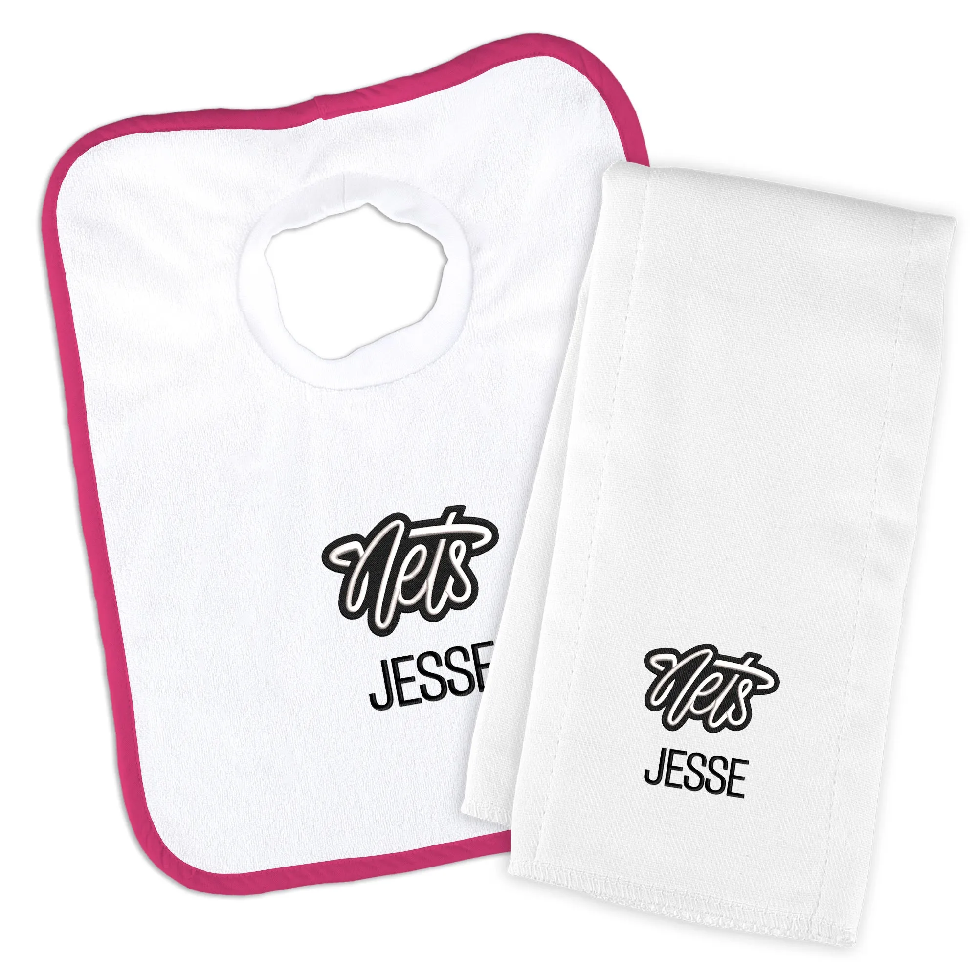 Personalized Brooklyn Nets Script Nets Bib and Burp Cloth Set