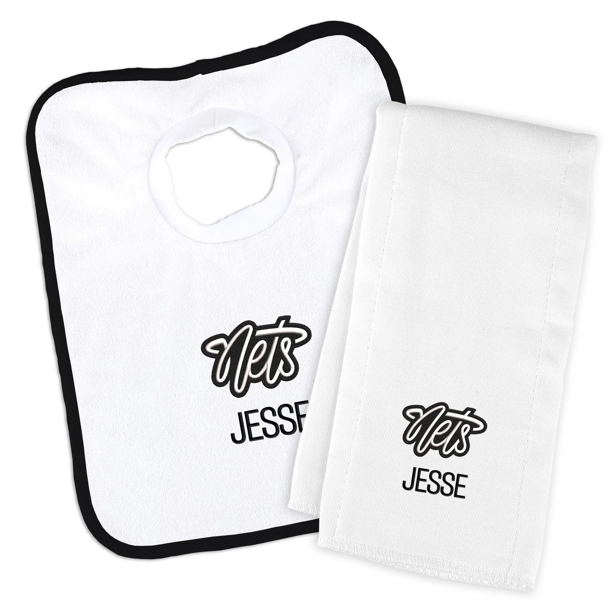 Personalized Brooklyn Nets Script Nets Bib and Burp Cloth Set