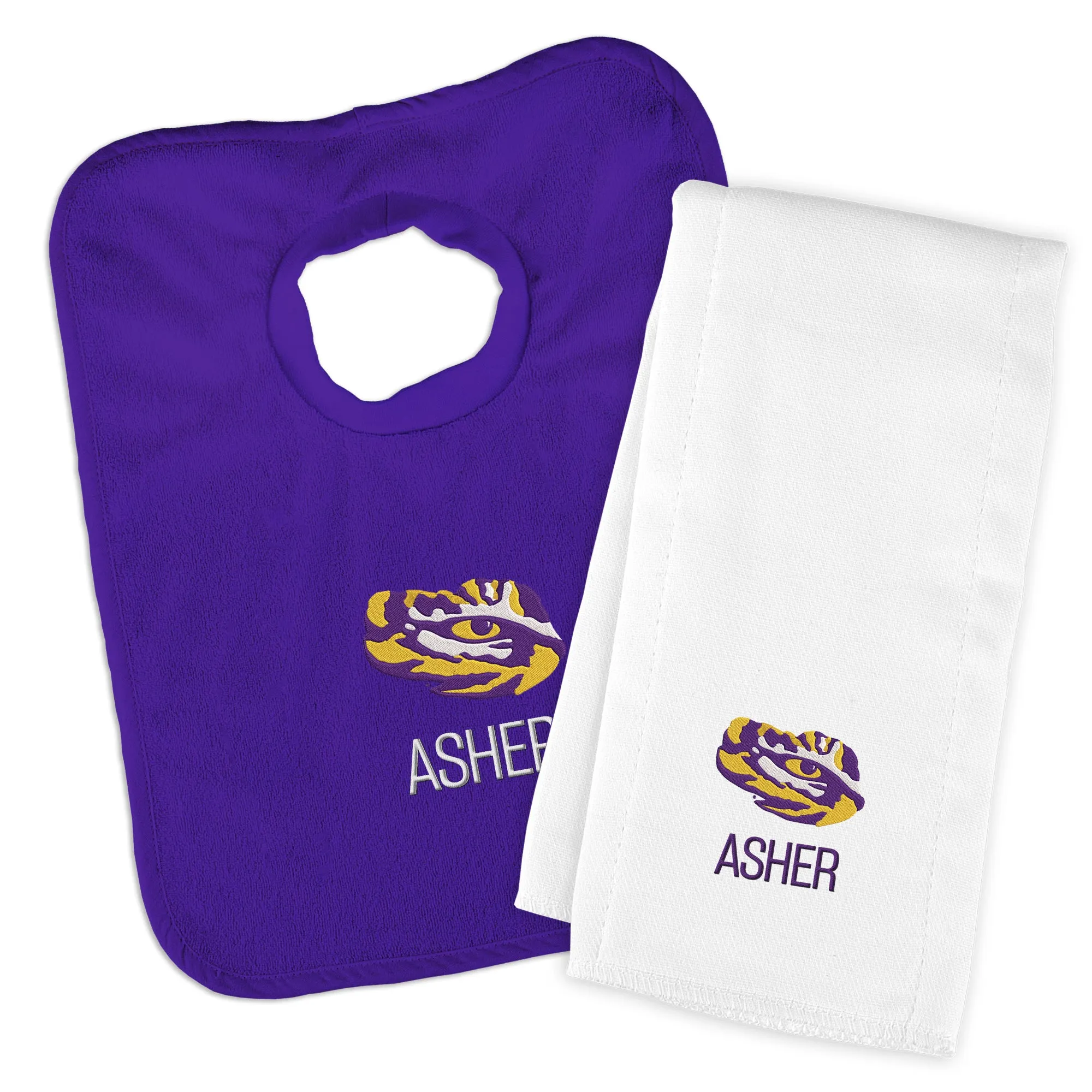 Personalized LSU Tigers Eye Bib & Burp Cloth Set