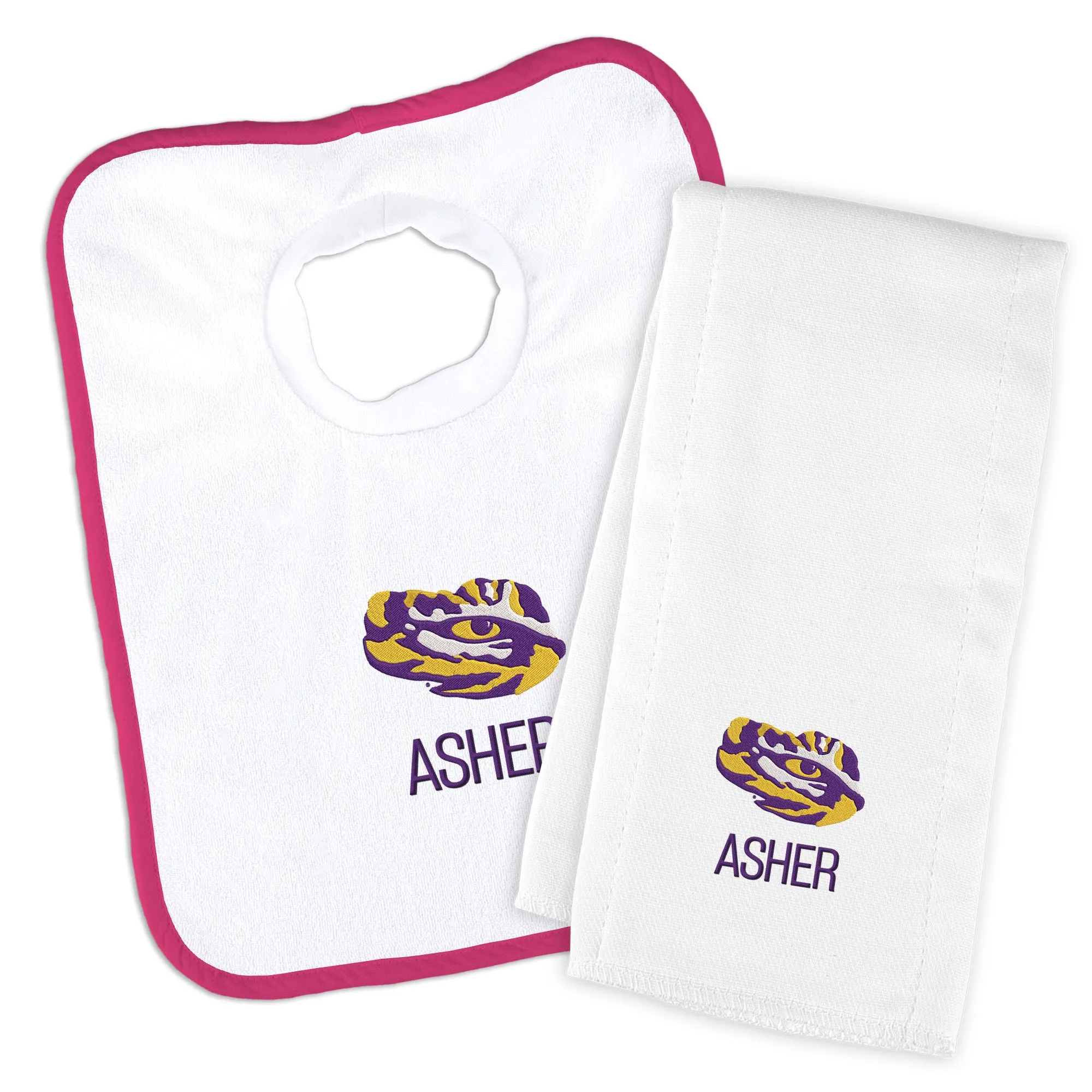 Personalized LSU Tigers Eye Bib & Burp Cloth Set