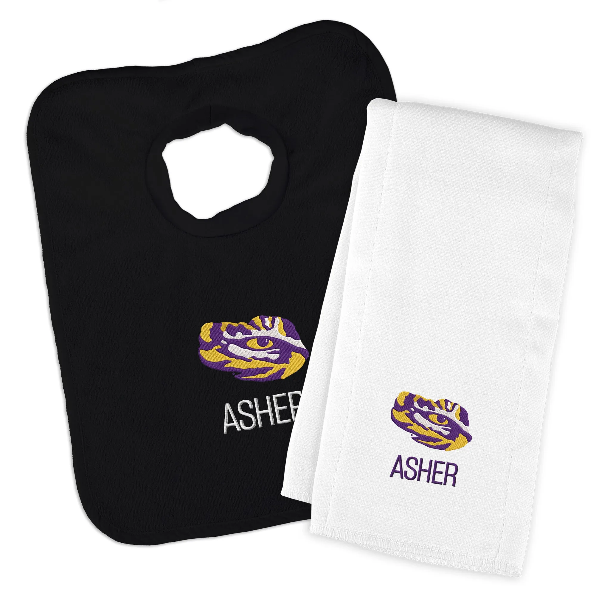 Personalized LSU Tigers Eye Bib & Burp Cloth Set