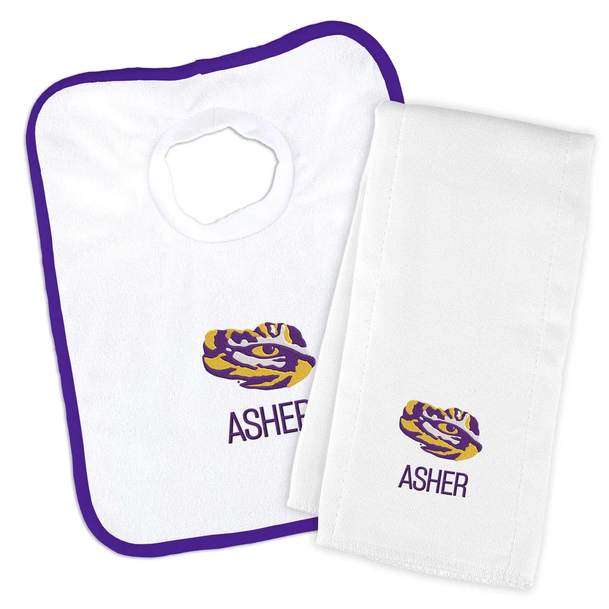 Personalized LSU Tigers Eye Bib & Burp Cloth Set