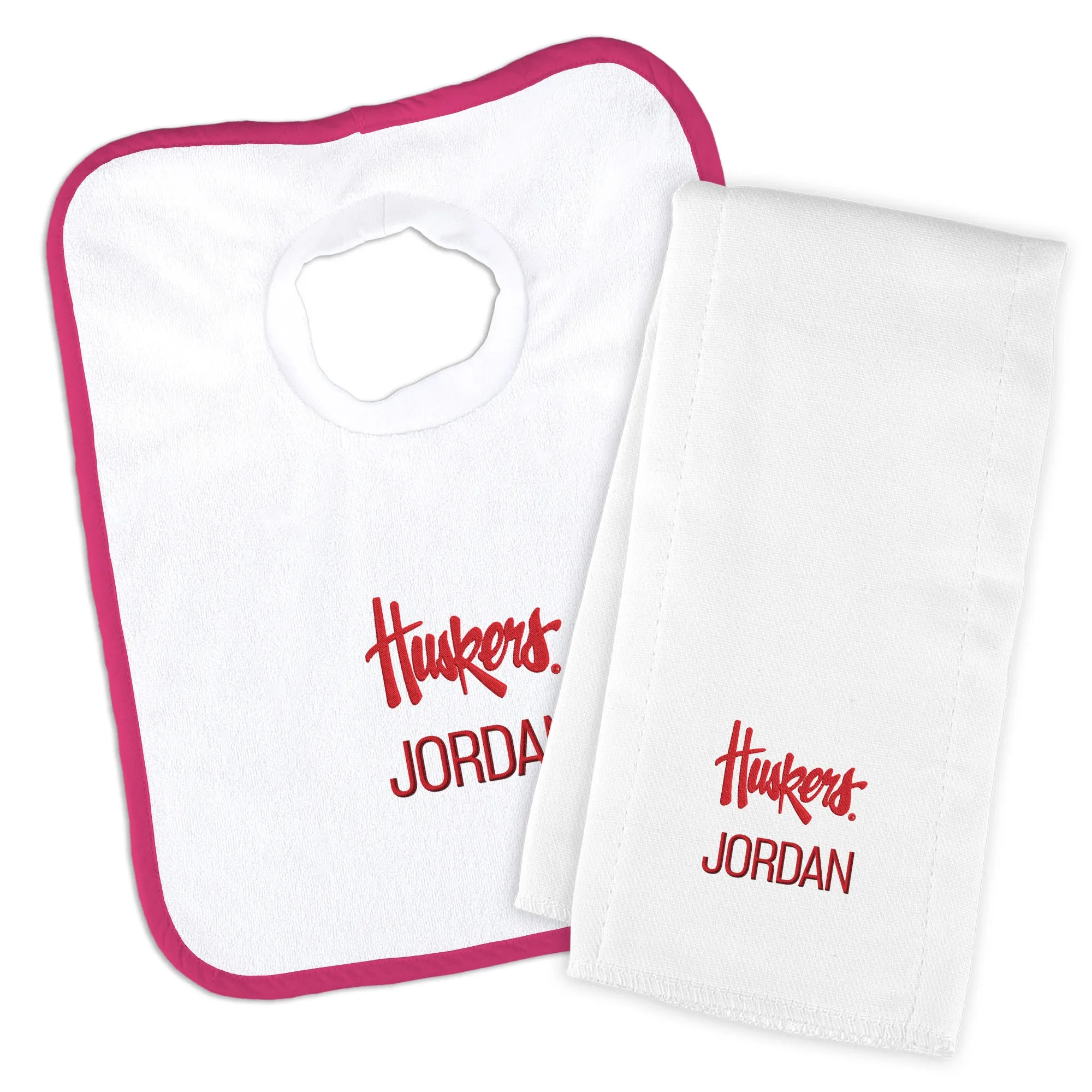 Personalized Nebraska Cornhuskers Script Huskers Bib and Burp Cloth Set