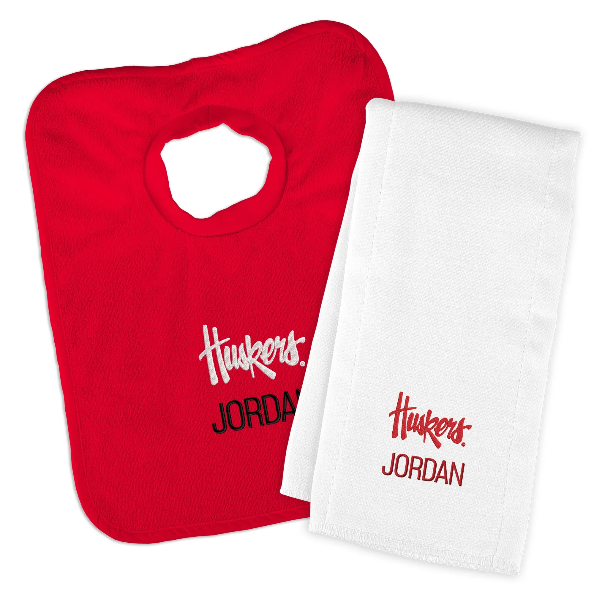 Personalized Nebraska Cornhuskers Script Huskers Bib and Burp Cloth Set