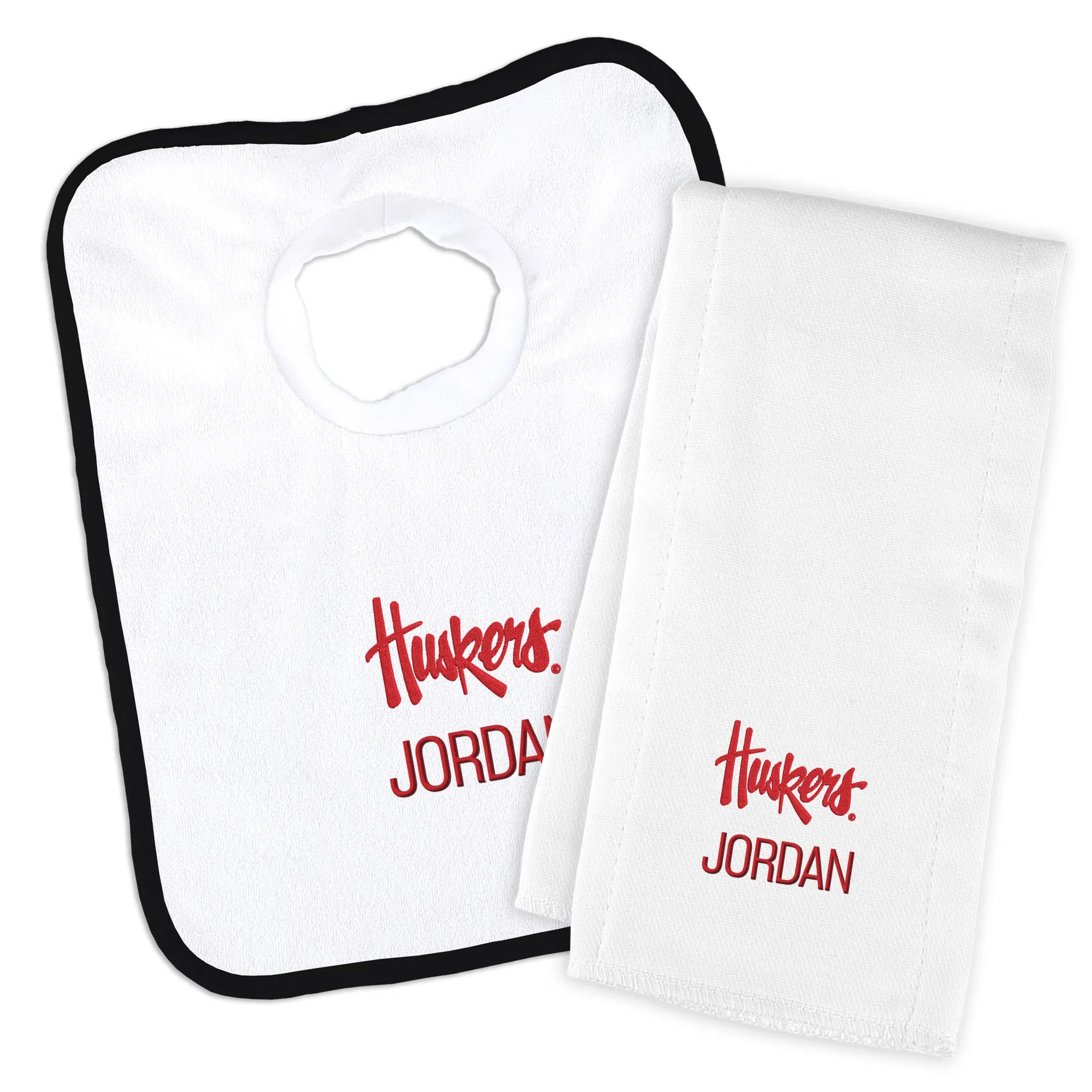 Personalized Nebraska Cornhuskers Script Huskers Bib and Burp Cloth Set