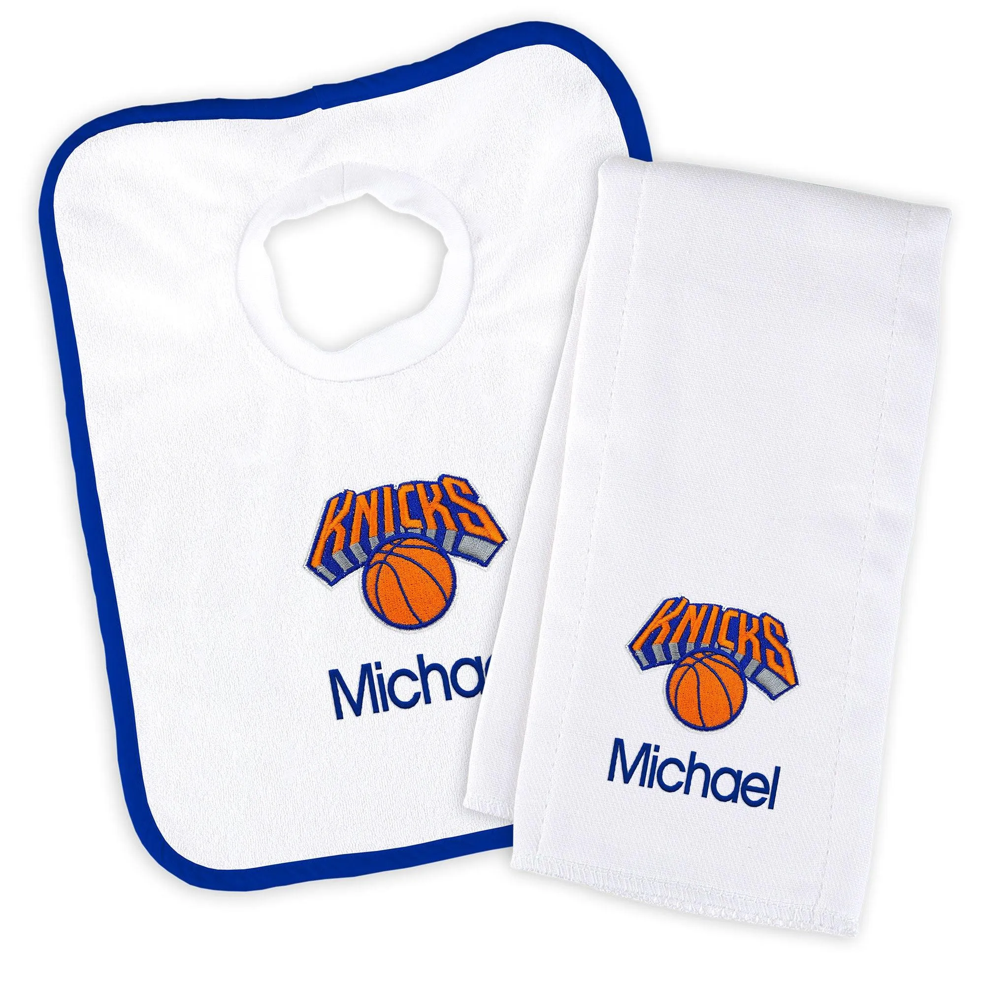 Personalized New York Knicks Bib and Burp Cloth Set