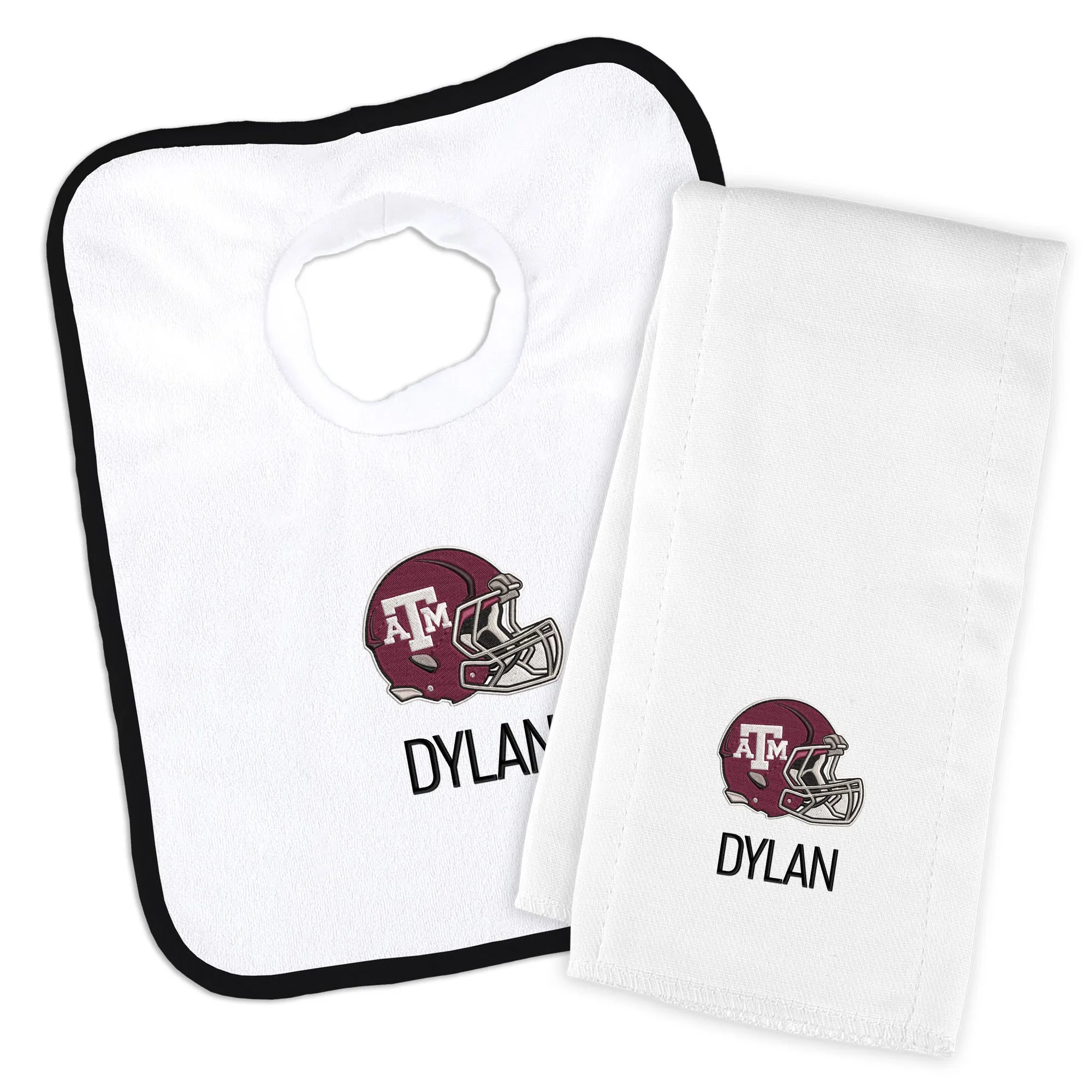 Personalized Texas A&M Aggies Helmet Bib and Burp Cloth Set