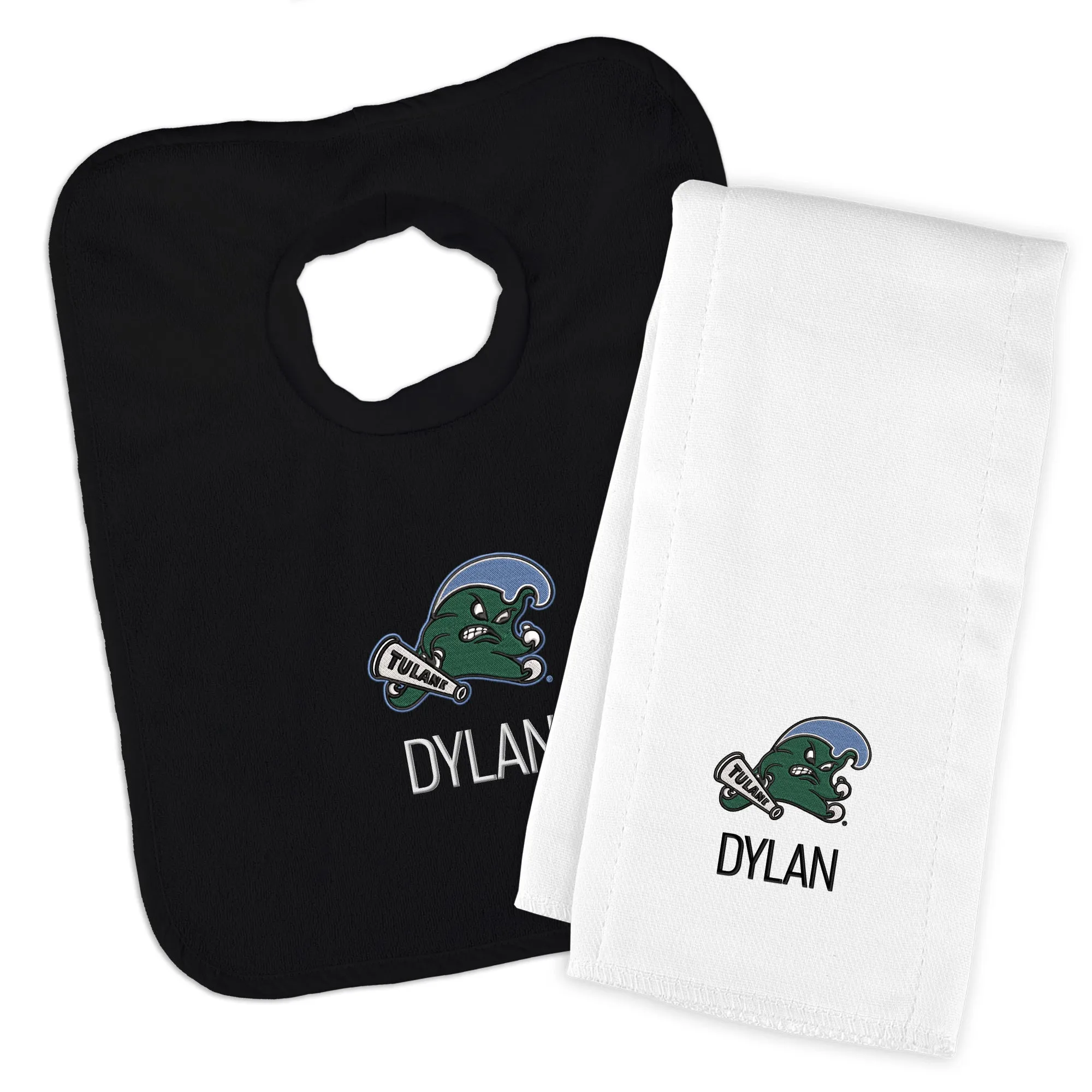 Personalized Tulane Green Wave Bib and Burp Cloth Set