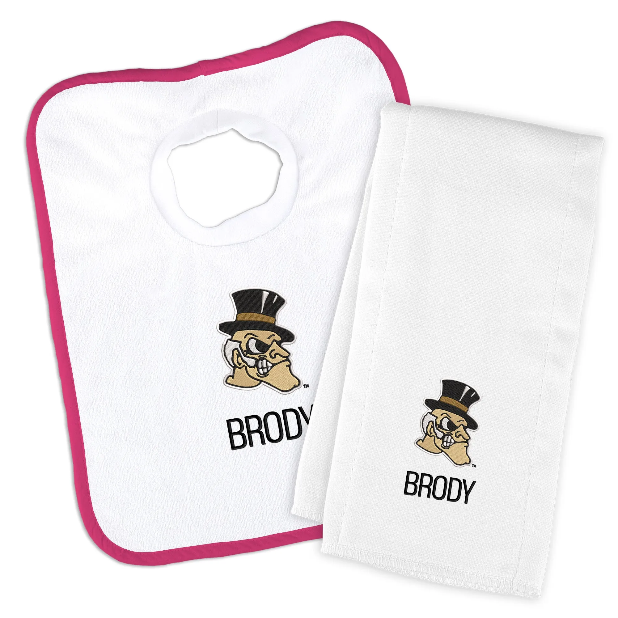 Personalized Wake Forest Demon Deacons Deacon Head Bib and Burp Cloth Set