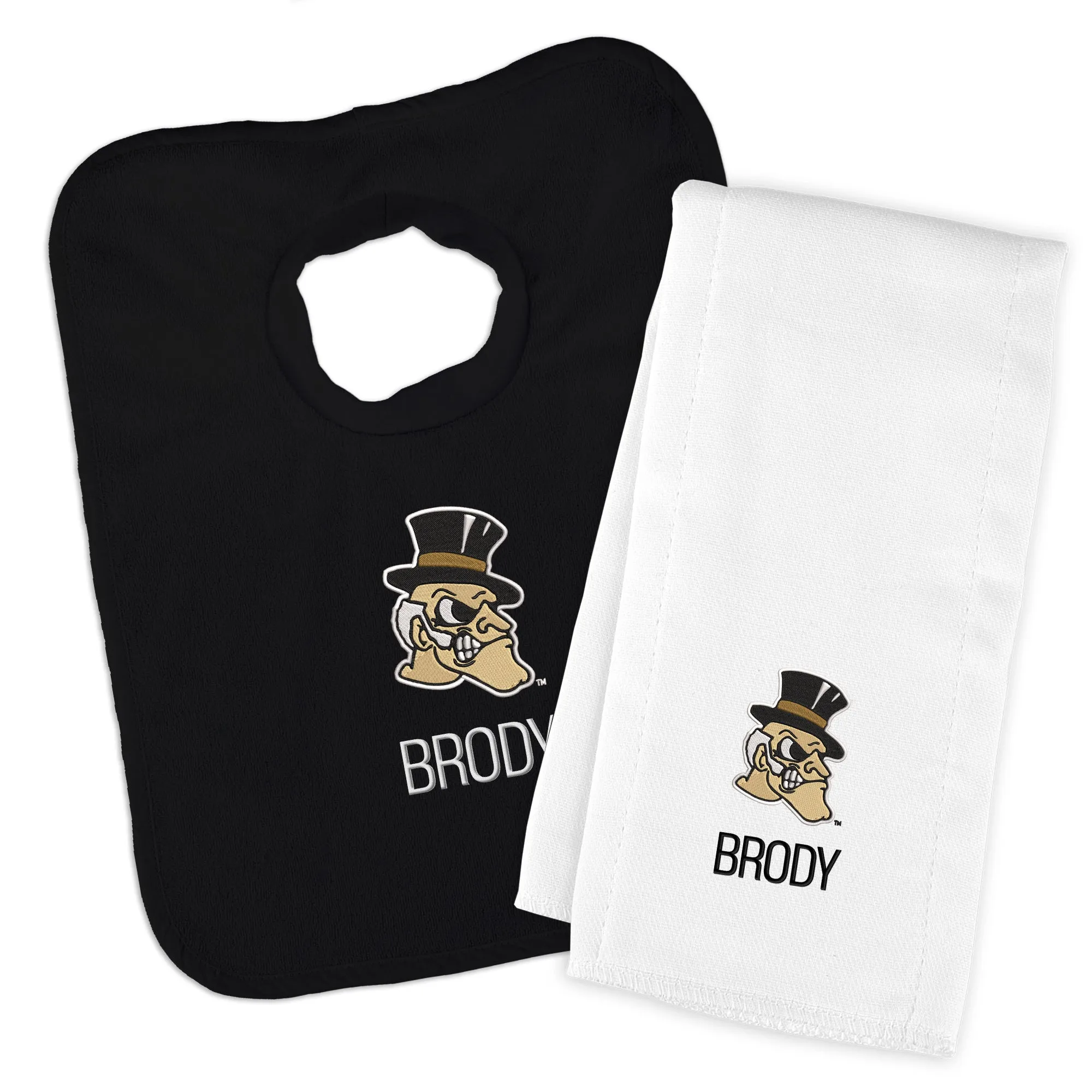 Personalized Wake Forest Demon Deacons Deacon Head Bib and Burp Cloth Set