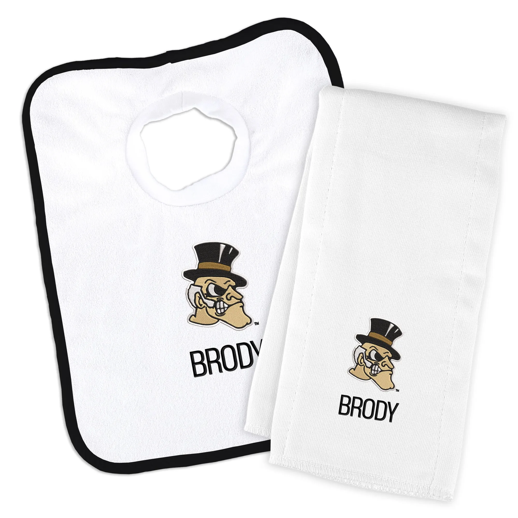 Personalized Wake Forest Demon Deacons Deacon Head Bib and Burp Cloth Set