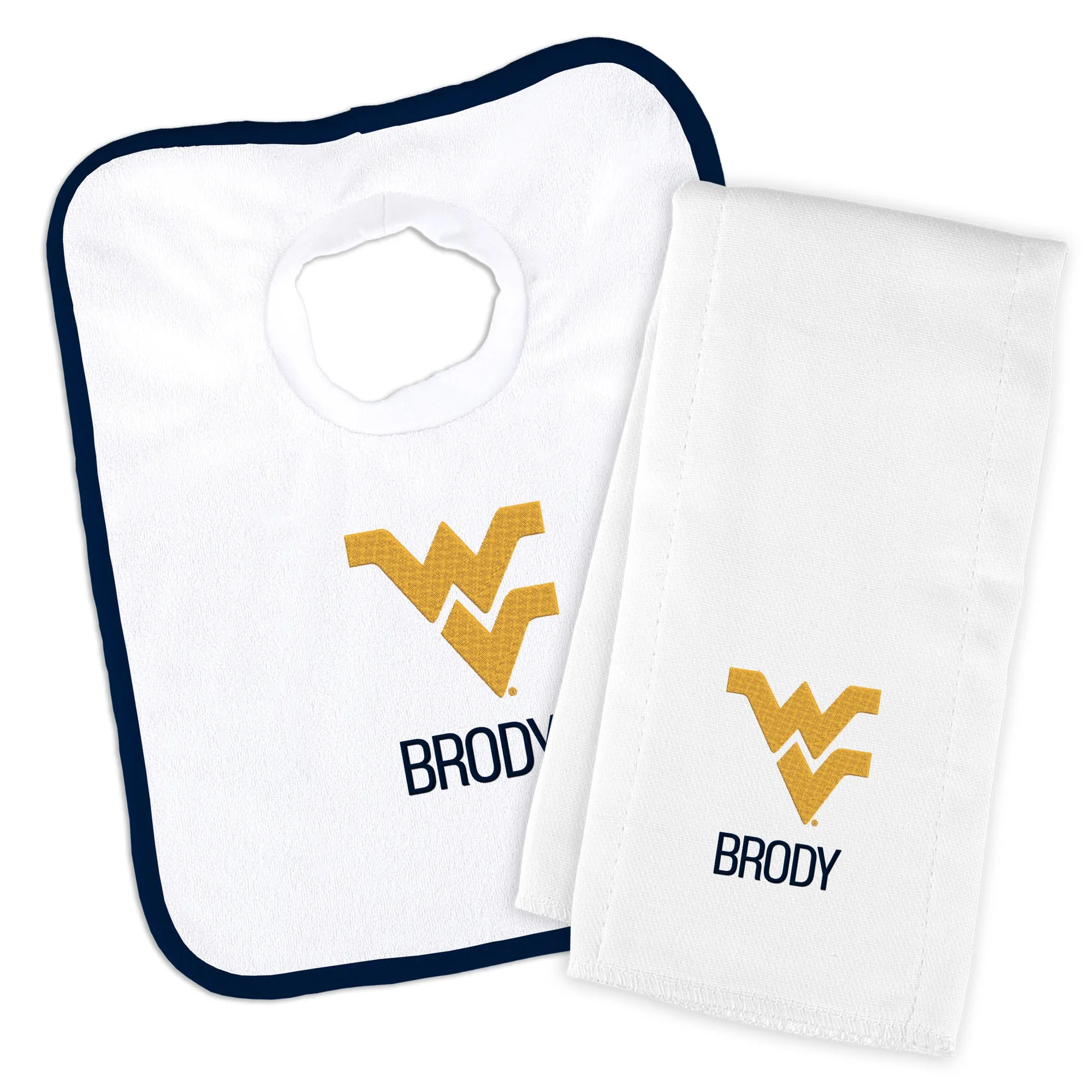 Personalized West Virginia Mountaineers Bib and Burp Cloth Set