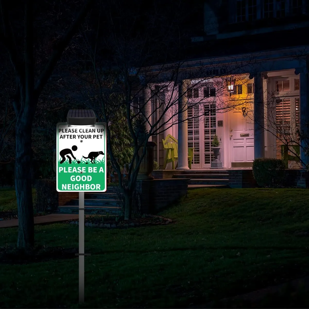 PLEASE CLEAN UP AFTER YOUR PET Yard Warning Sign Solar Powered, Rechargeable LED Illuminated Aluminum Sign with Stake, Reflective Outside Sign Light Up For Houses