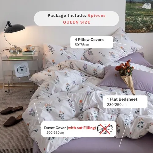 Premium Queen/Double size 6 Pieces  Retro Style with  Light Lavender Color Bedsheet Postoral Printed Bedding Set  without filler.