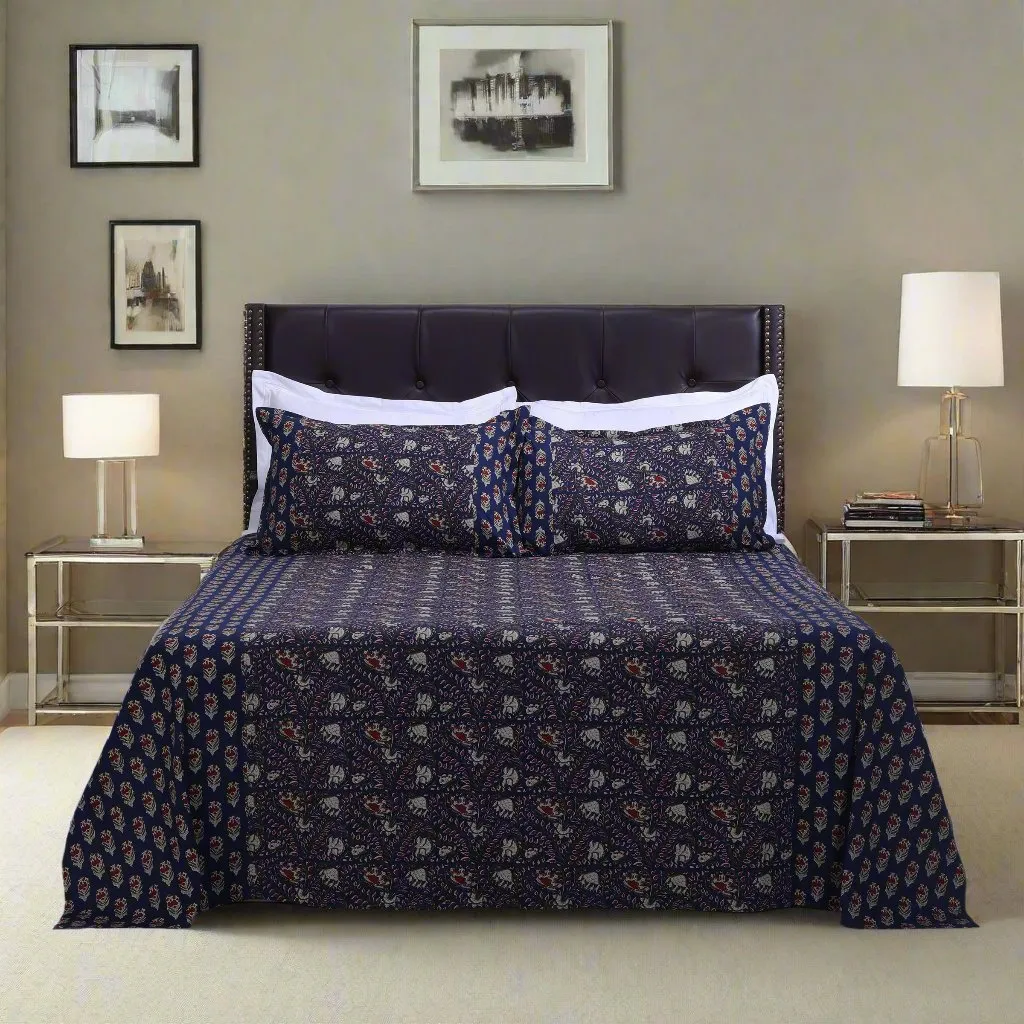 Rahat Azmina Jaal Navy Blue Cotton Bedsheet