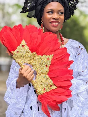 Red Lolade African Wedding Feather Fan, adorned with glittery stones and gold embellishments - DPFRG43