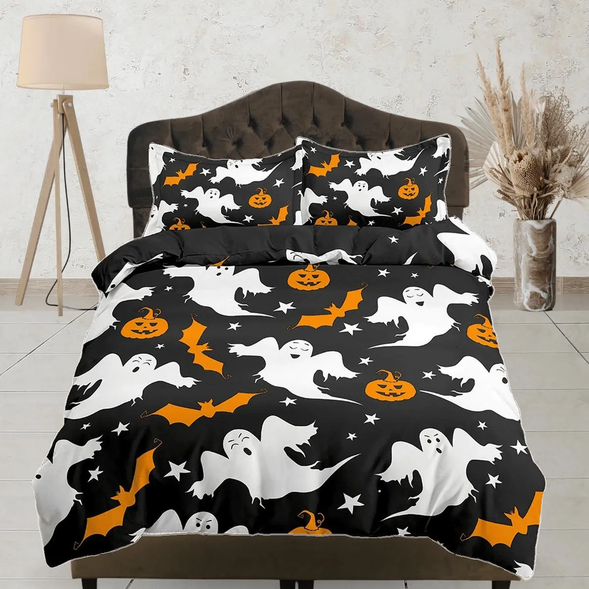 Retro halloween bedding & pillowcase, ghost and pumpkin duvet cover set dorm bedding, halloween decor, toddler bedding, halloween gift