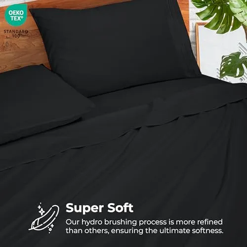 ROYALE LINENS - 3 Piece Twin XL Bed Sheet - Soft Brushed Microfiber 1800 Bedding Set - 1 Fitted Sheet, 1 Flat Sheet, 1 Pillow Case - Wrinkle & Fade Resistant Twin XL Size Sheet Set (Twin XL, Black)