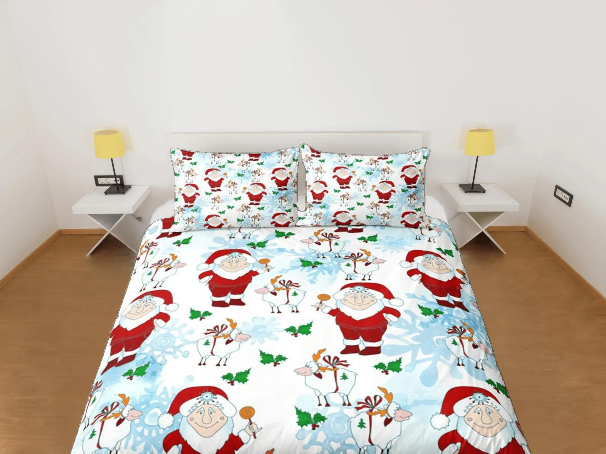 Santa claus and sheep duvet cover set, christmas full size bedding & pillowcase, college bedding, crib toddler bedding, holiday gift