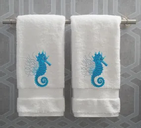 Seahorse Embroidered Bath Hand Towel. Beautifully Detailed in Turquoise Shades