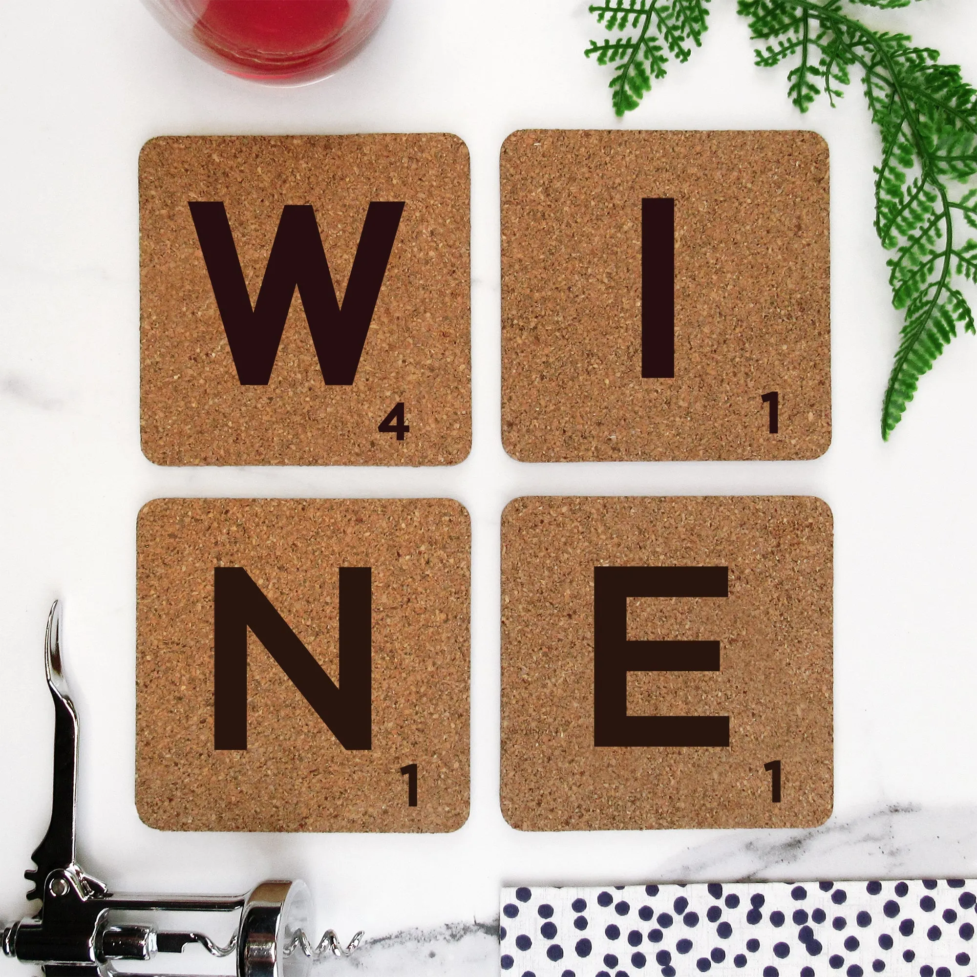 Set of 4 Cork "WINE" Scrabble Letter Tile Alphabet Drinks Coasters