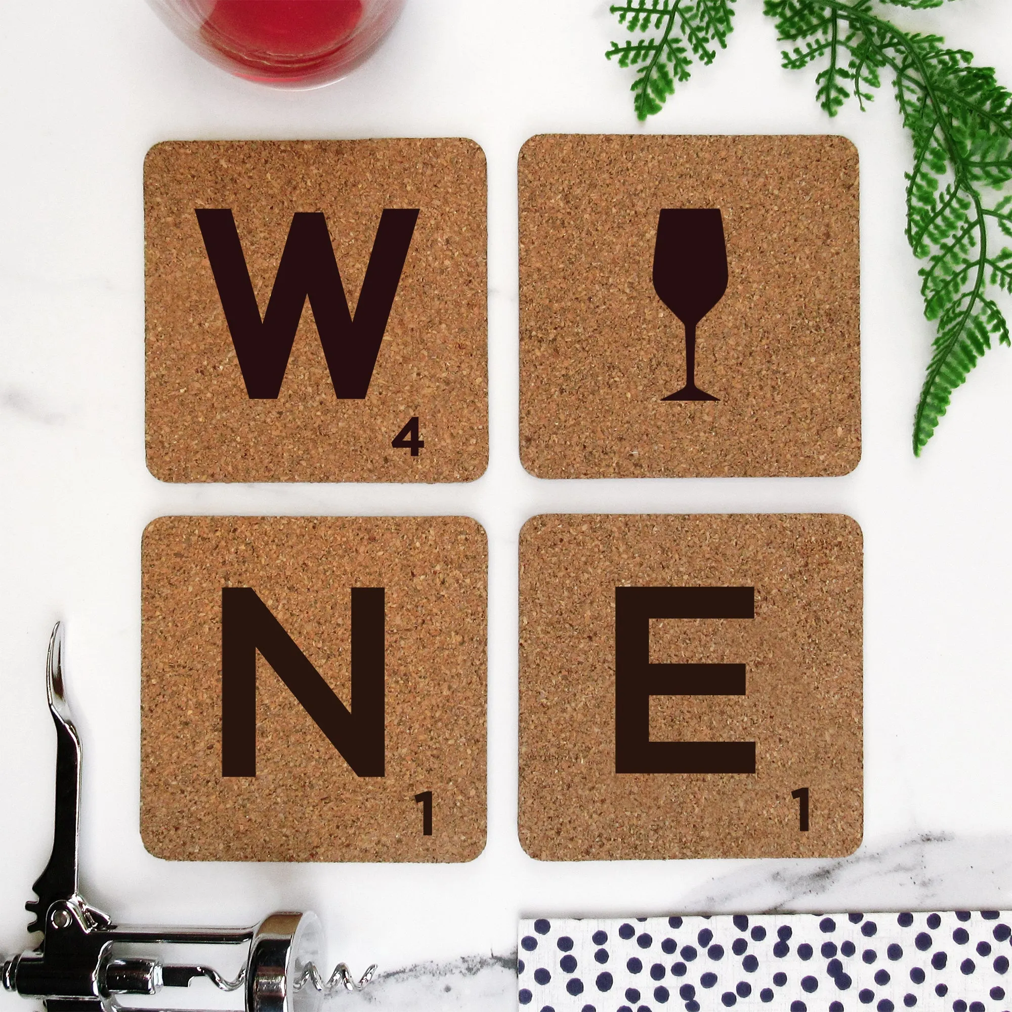 Set of 4 Cork "WINE" Scrabble Letter Tile Alphabet Drinks Coasters