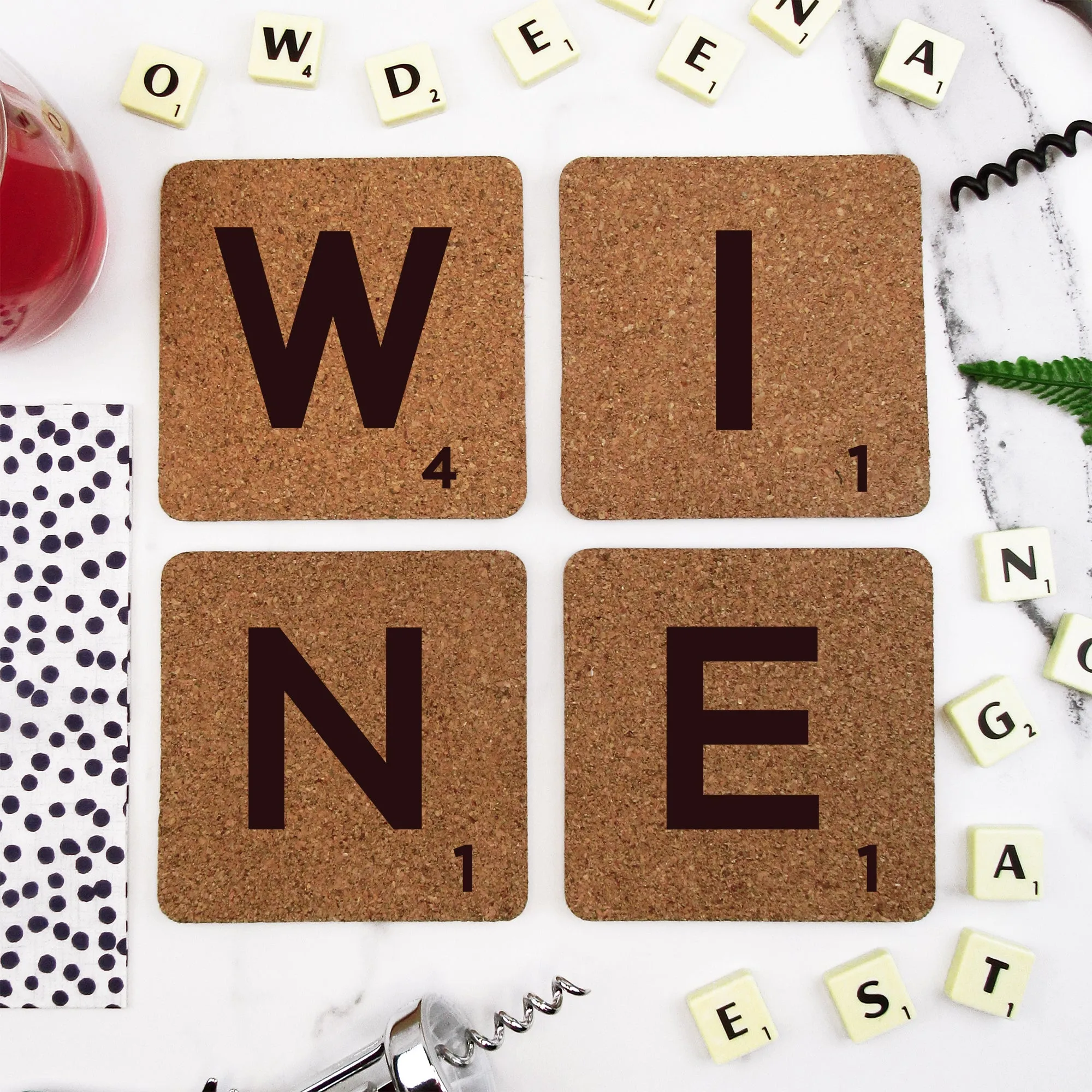 Set of 4 Cork "WINE" Scrabble Letter Tile Alphabet Drinks Coasters