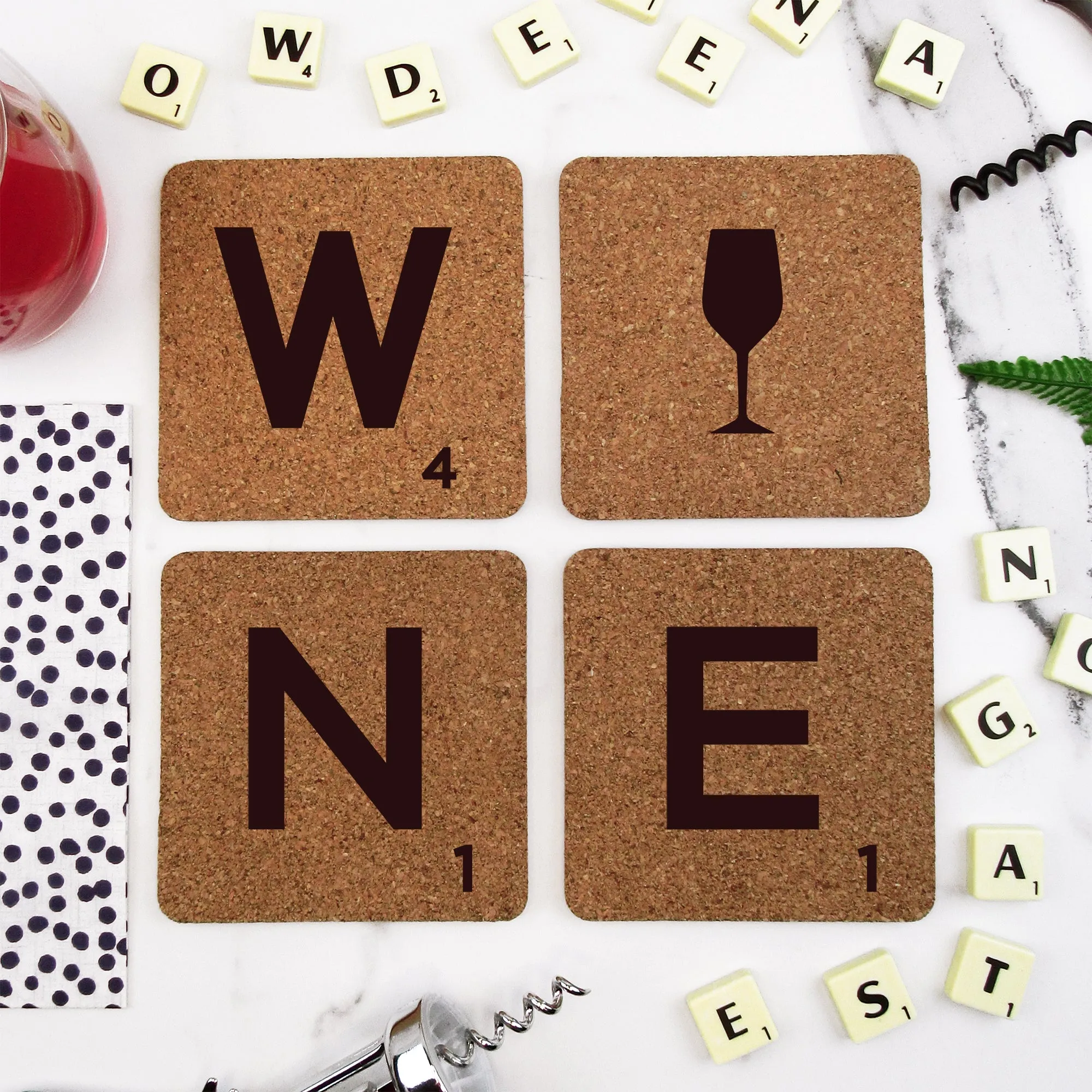 Set of 4 Cork "WINE" Scrabble Letter Tile Alphabet Drinks Coasters