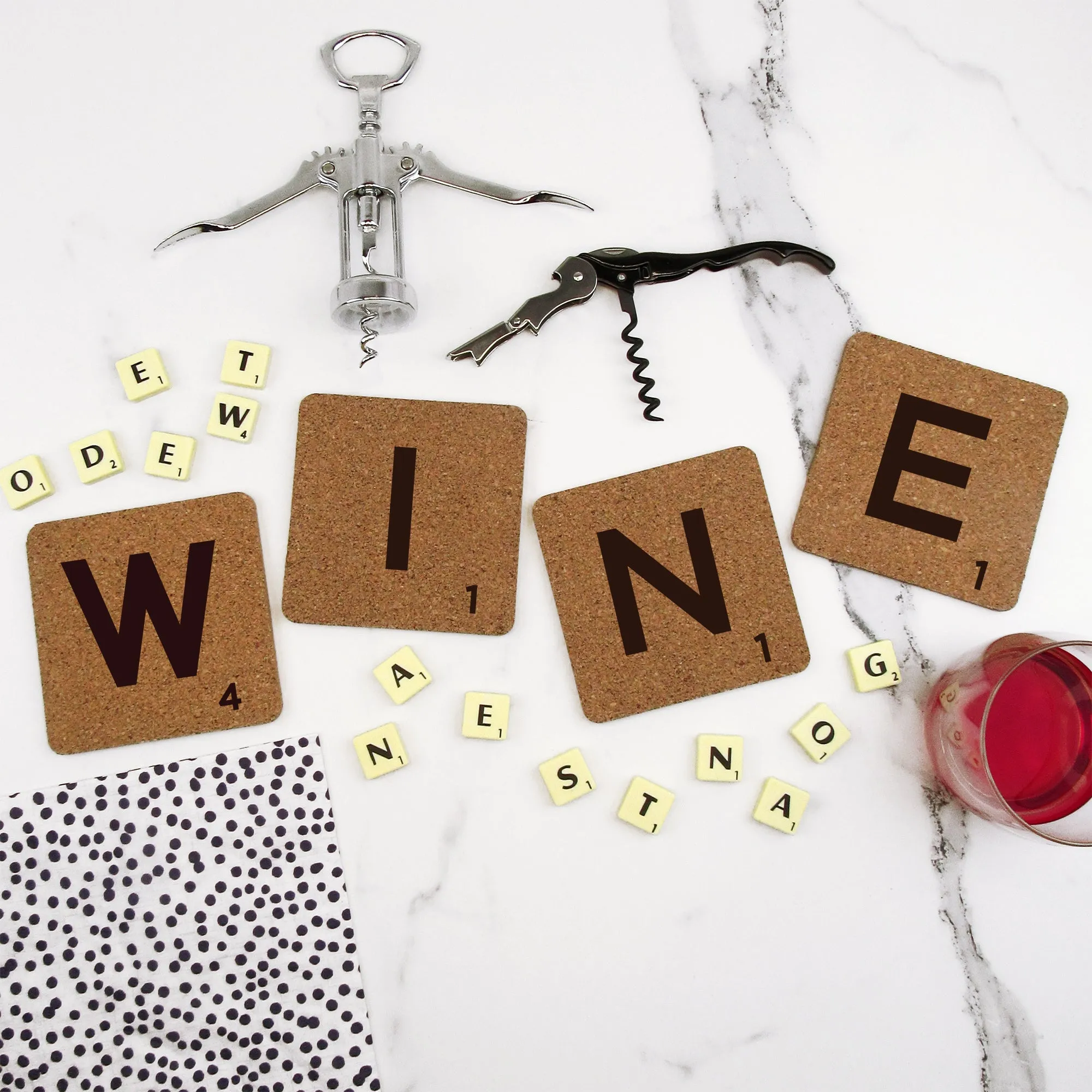 Set of 4 Cork "WINE" Scrabble Letter Tile Alphabet Drinks Coasters