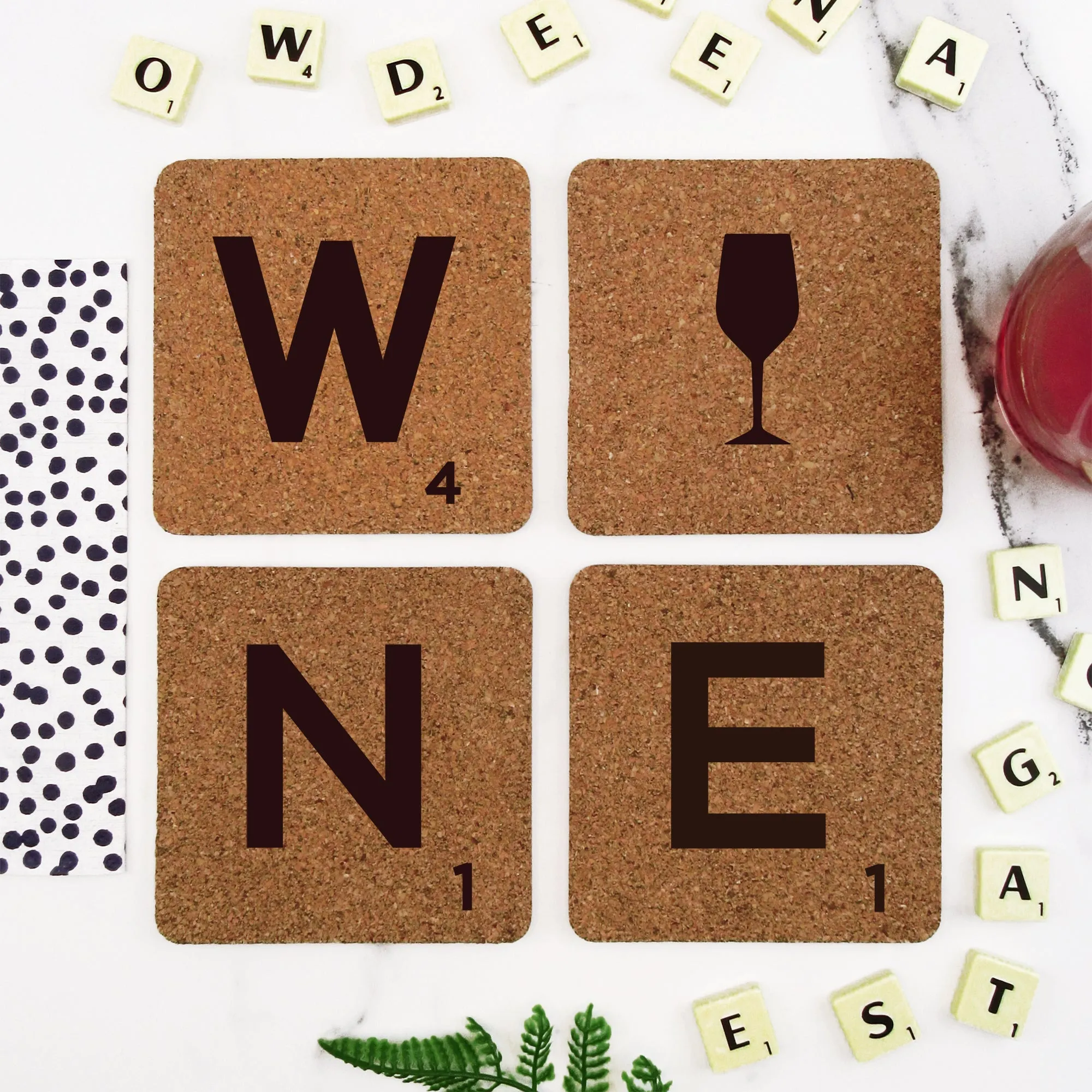 Set of 4 Cork "WINE" Scrabble Letter Tile Alphabet Drinks Coasters